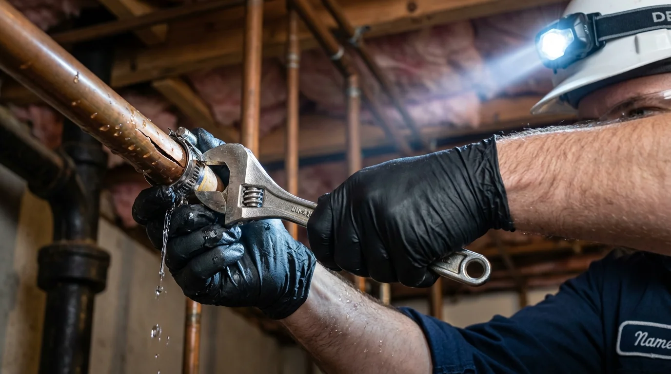 Emergency pipe clamp repair being performed by a Johns Plumbing LLC plumber in Berwick
