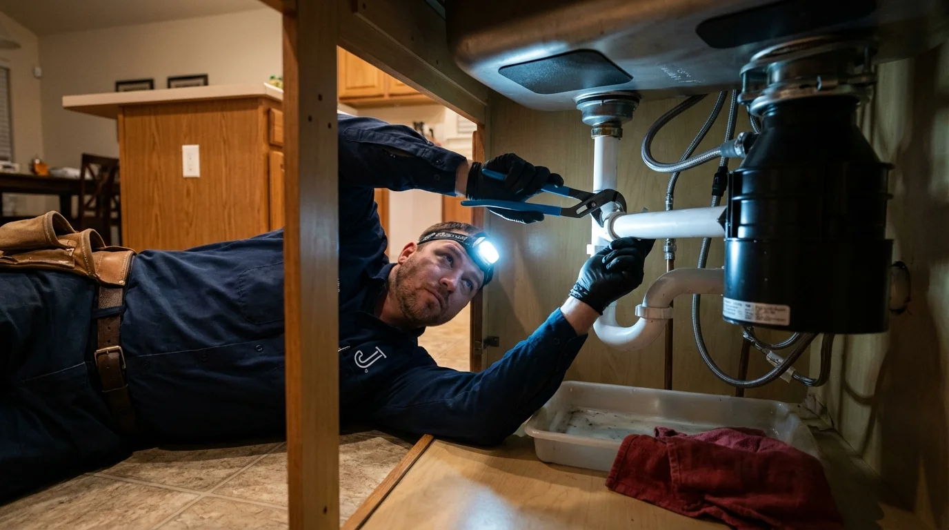 P-trap and supply line connections under a kitchen sink showing a common leak point in Berwick, PA